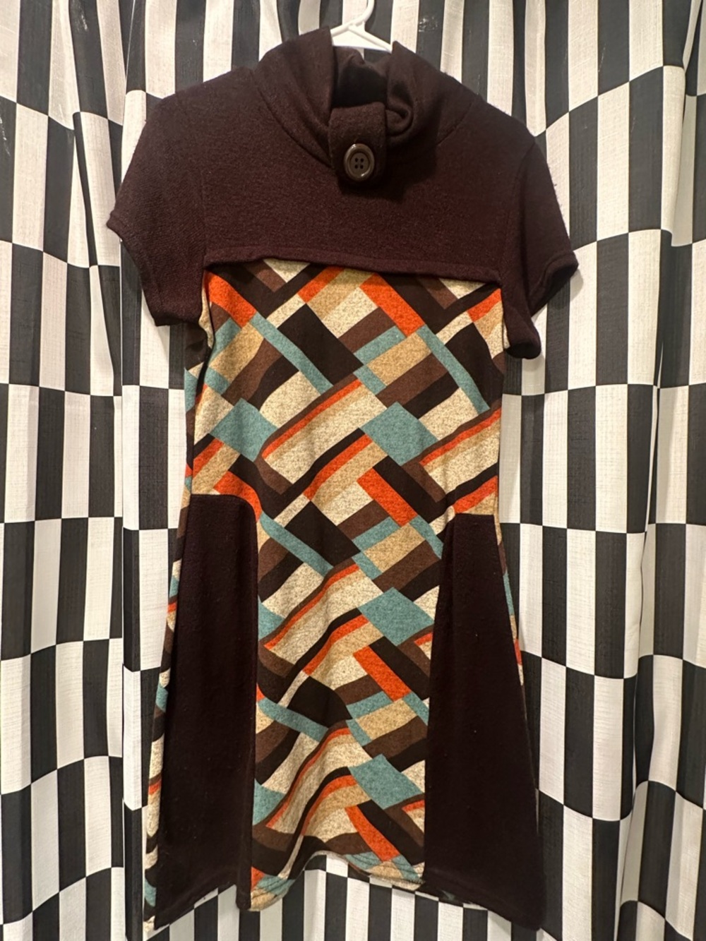 Geometric Pattern Brown Maxi Dress with Turquoise & Orange Accents